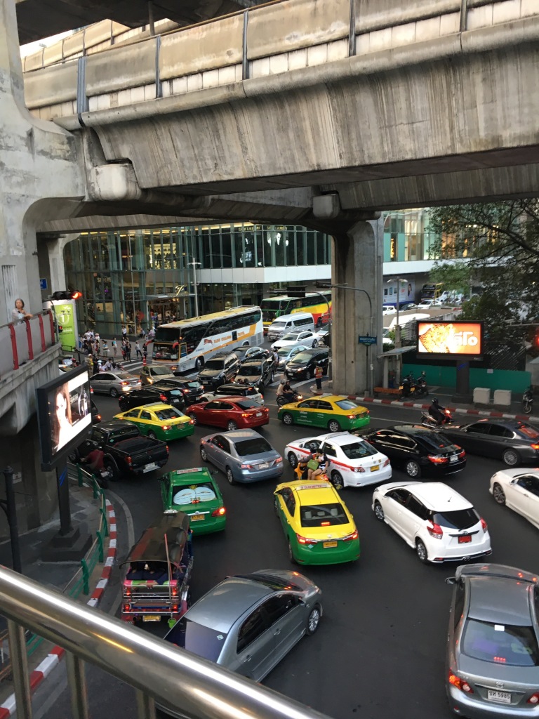 The traffic of Bangkok from the skywalk from CentralWorld.