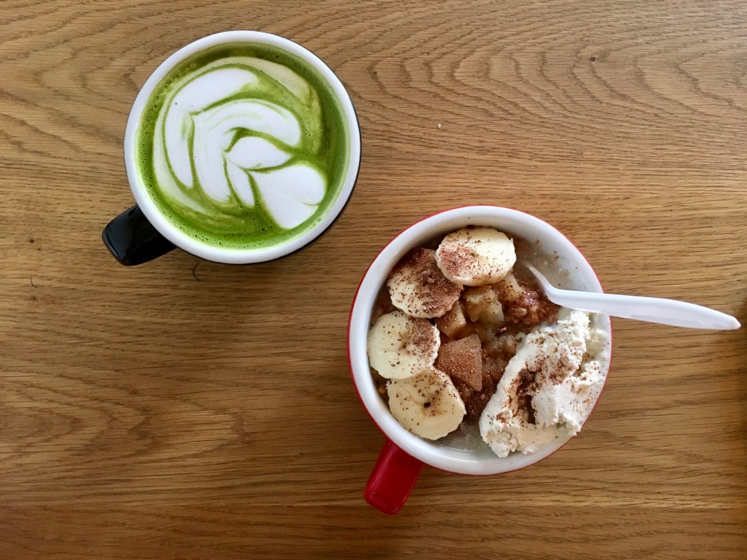 Maple oatmeal bowl + lover’s matcha latte @ Strange Love