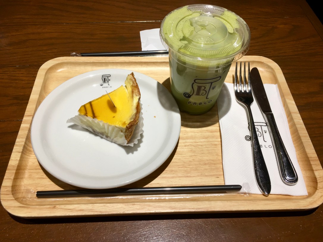 Pablo cheese tart with iced matcha green tea