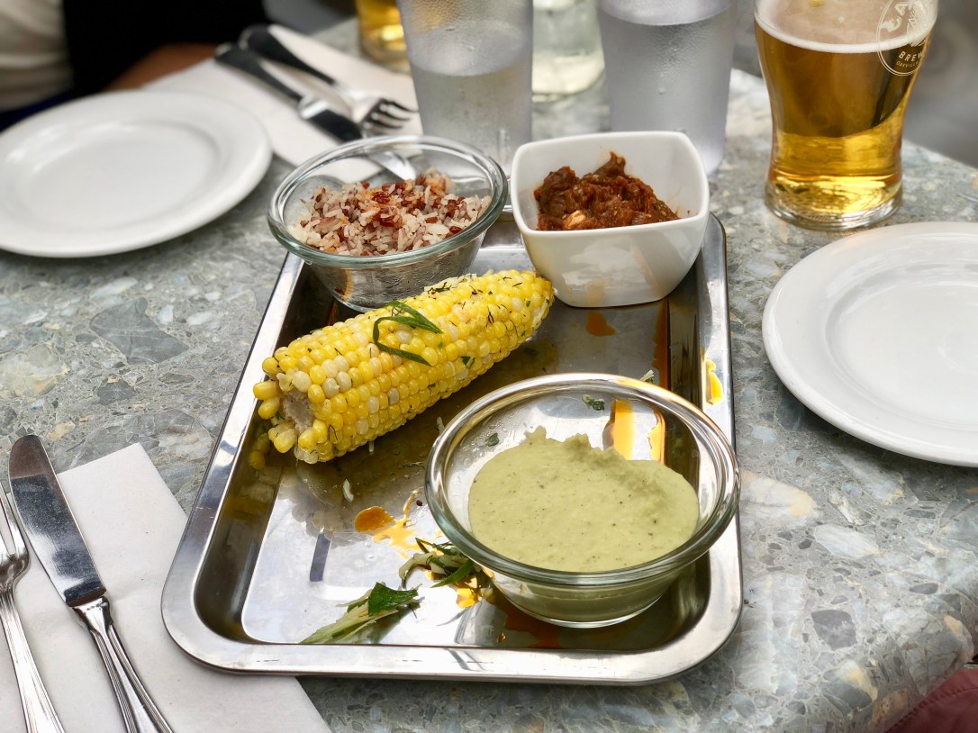 Rice, spicy eggplant, corn on the cob and white bean puree @ Backdrop Restaurant and Bar