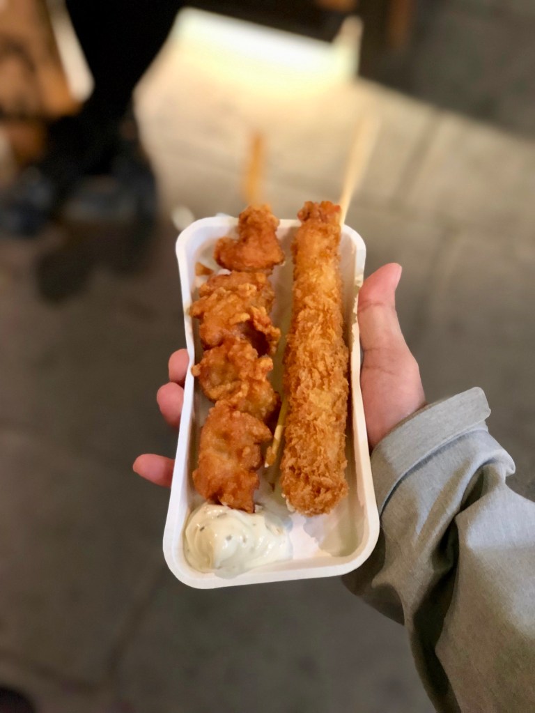 Deep fried shrimp and chicken on a stick