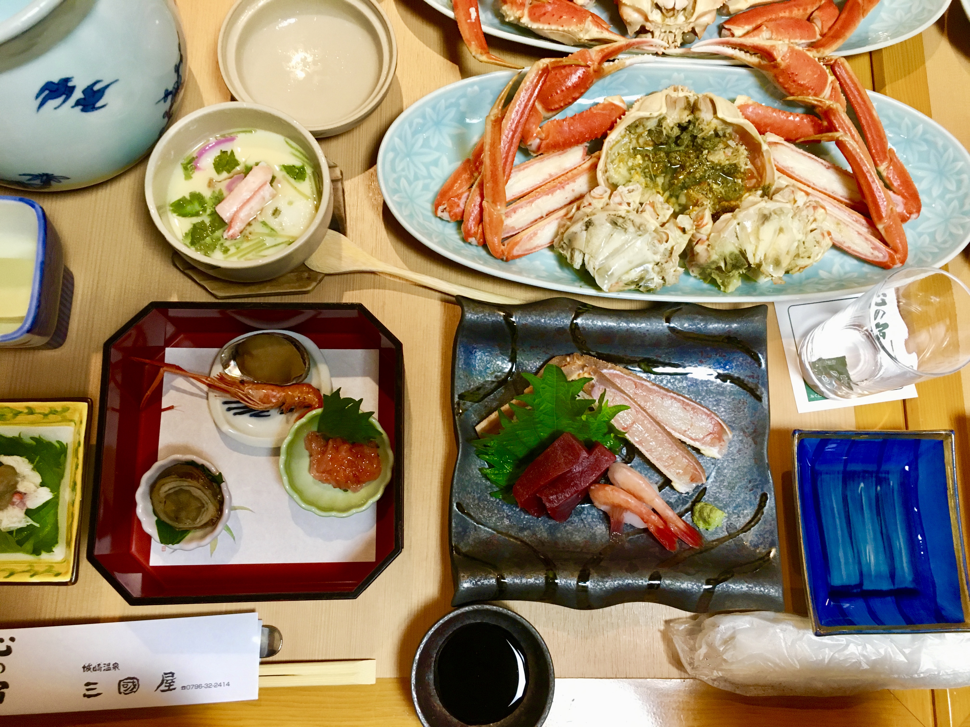 Crab soup, steamed crab, and crab sashimi
