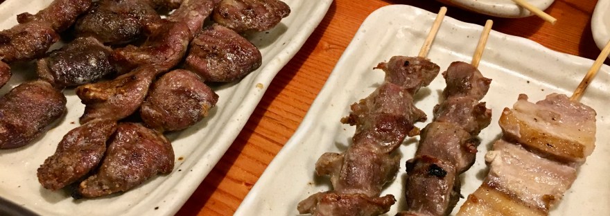 Chicken with cheese, chicken hearts, chicken gizzard, and pork belly @ Torikizoku